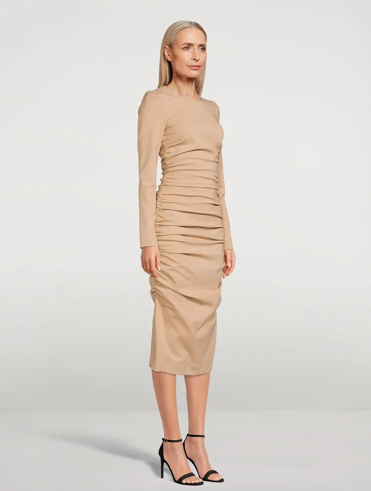 Draped Jersey Long-Sleeve Midi Dress