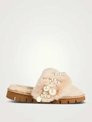 Pinctada Shearling Slippers With Faux Pearls