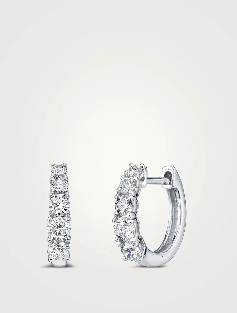 18K White Gold Graduated Huggie Hoop Earrings With Diamonds