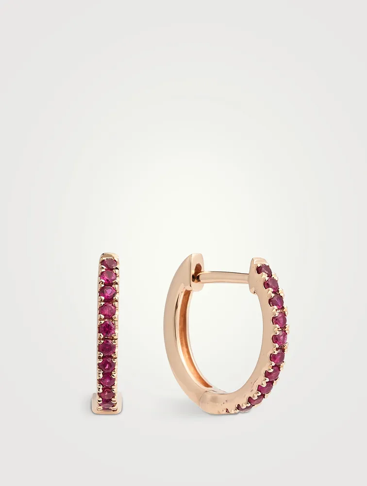 Small 18K Rose Gold Huggie Hoop Earrings With Rubies