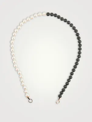 Akoya Pearl And Buffed Hematite Strand Necklace With Gold Loops