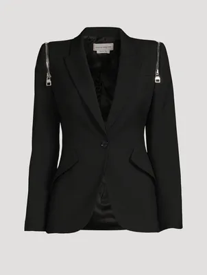 Peak Shoulder Wool Blazer With Zipper Trim
