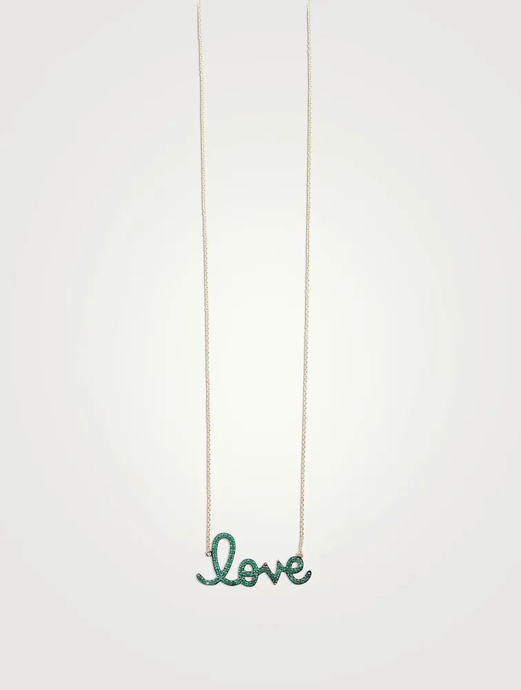 14K Gold Love Script Necklace With Emeralds