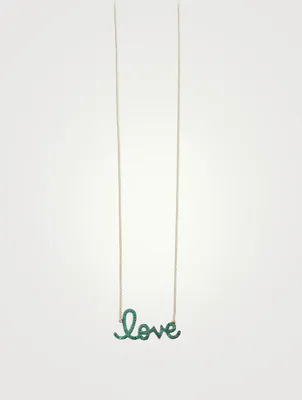 14K Gold Love Script Necklace With Emeralds