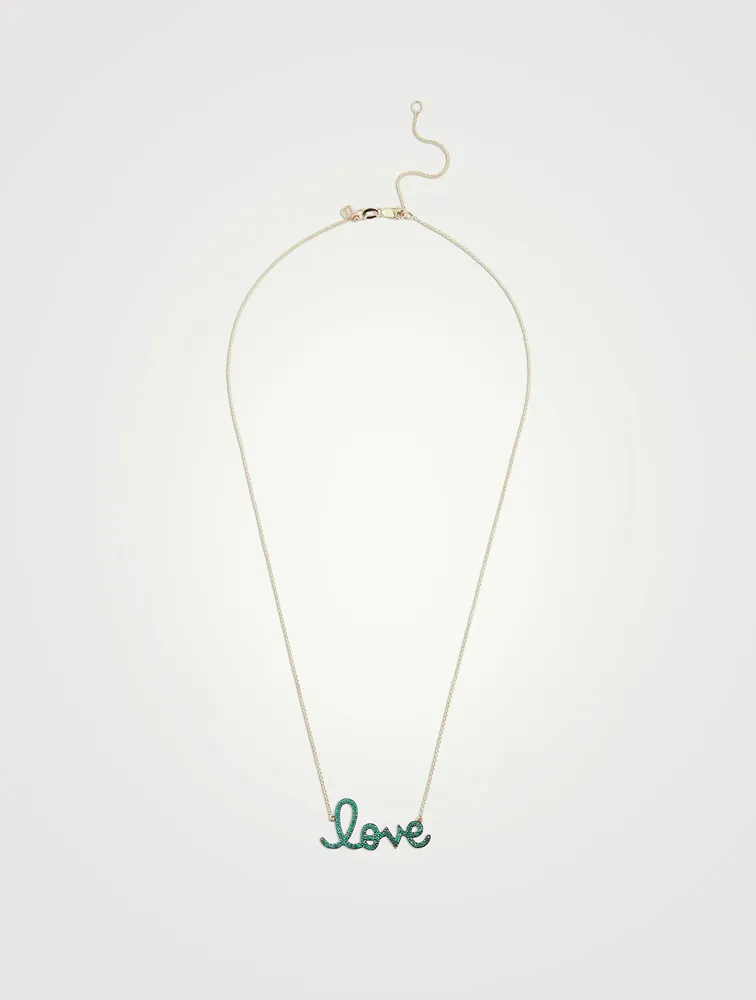 14K Gold Love Script Necklace With Emeralds