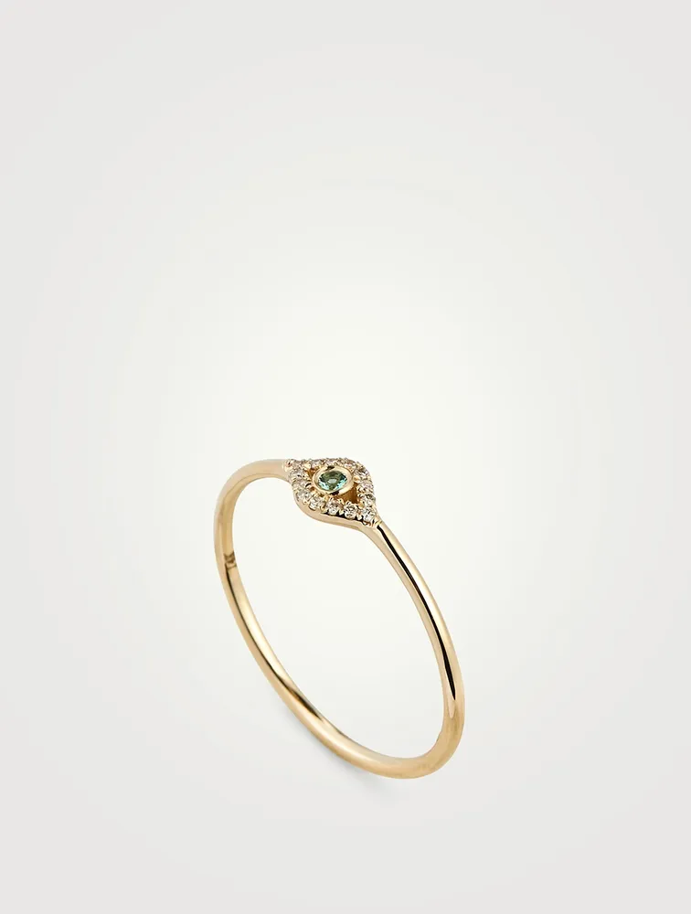 14K Gold Evil Eye Ring With Emerald And Diamonds