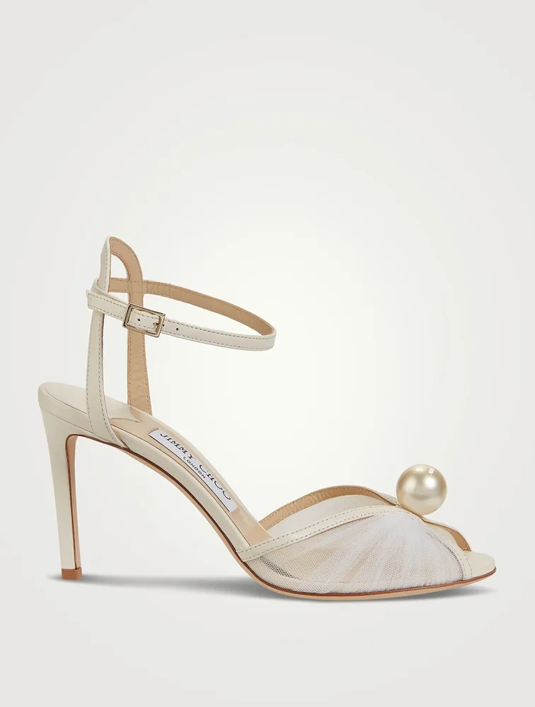 JIMMY CHOO Sacaria Pearl-Embellished Leather And Tulle Sandals