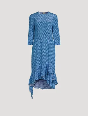 Asymmetric Silk Midi Dress Check Print