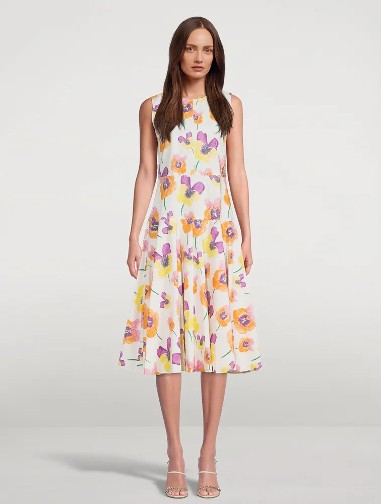 Sleeveless Midi Dress Pansies Print