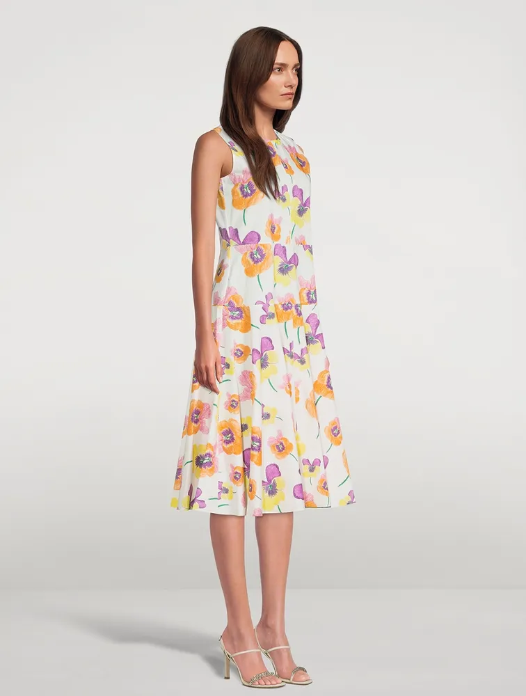 Sleeveless Midi Dress Pansies Print