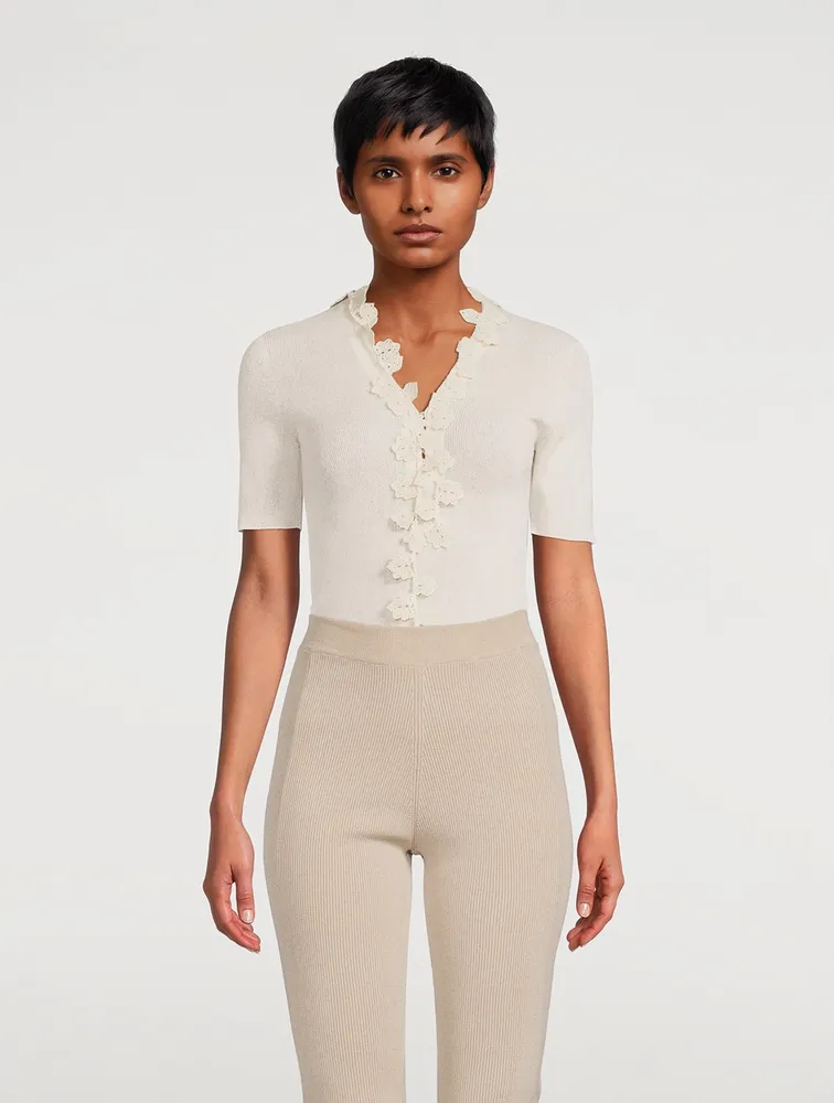Superfine Knit Sweater With Floral Appliqué