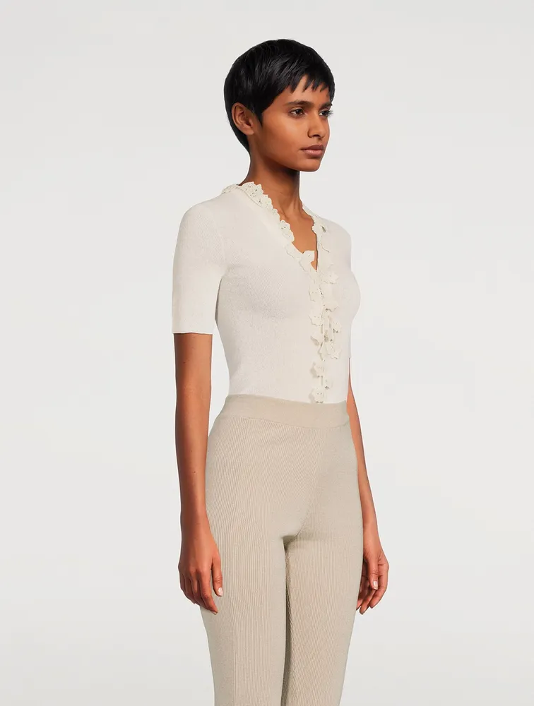 Superfine Knit Sweater With Floral Appliqué