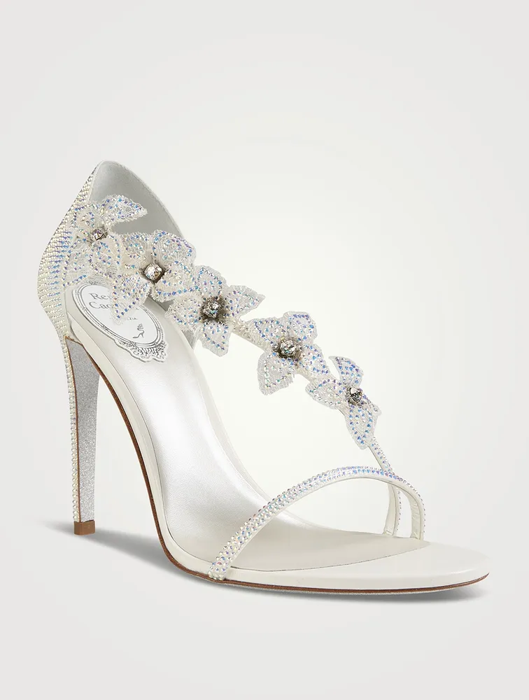 Floriane Crystal Satin Sandals With Floral Appliqué