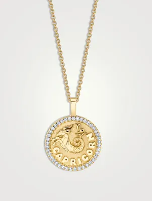 18K Gold Zodiac Capricorn Coin Pendant Necklace With Diamonds