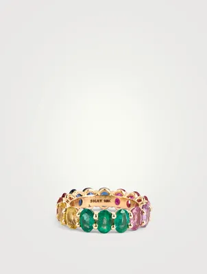 18K Gold Oval Rainbow Eternity Ring With Gemstones