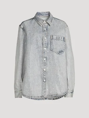 Oversized Denim Shirt With Crystal Pinstripes