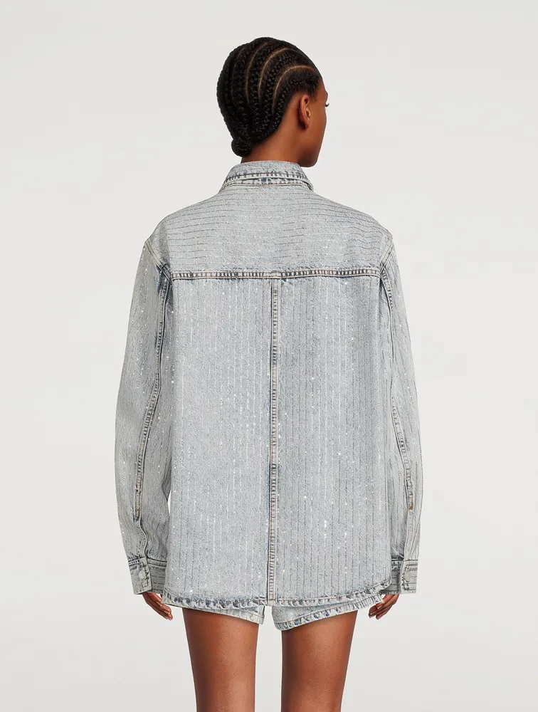 Oversized Denim Shirt With Crystal Pinstripes