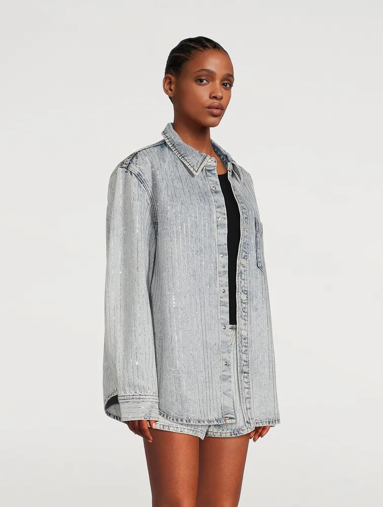 Oversized Denim Shirt With Crystal Pinstripes
