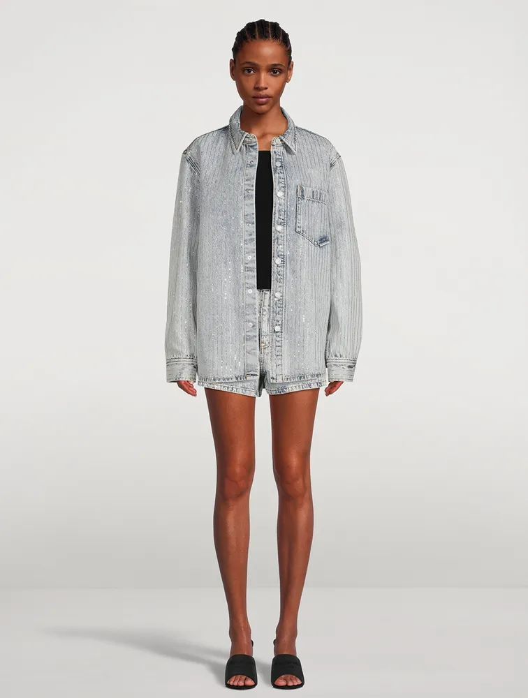 Oversized Denim Shirt With Crystal Pinstripes