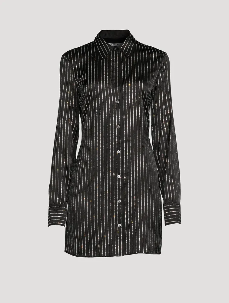 Silk Shirt Dress With Crystal Pinstripes