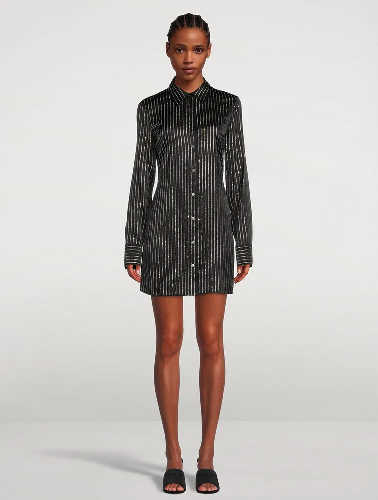 Silk Shirt Dress With Crystal Pinstripes