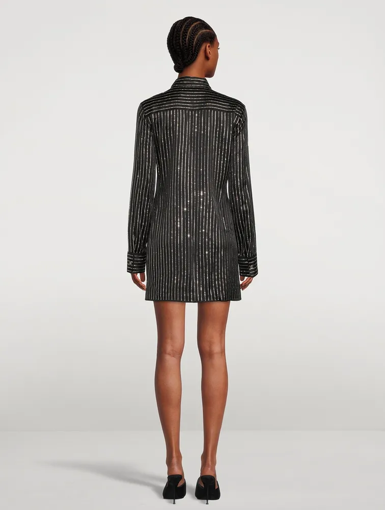 Silk Shirt Dress With Crystal Pinstripes