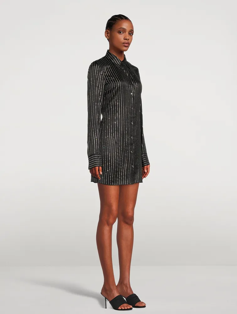 Silk Shirt Dress With Crystal Pinstripes