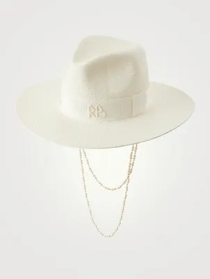 Straw Fedora Hat With Double Chain