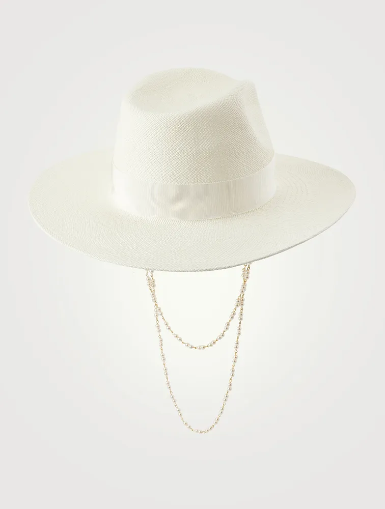 Straw Fedora Hat With Double Chain
