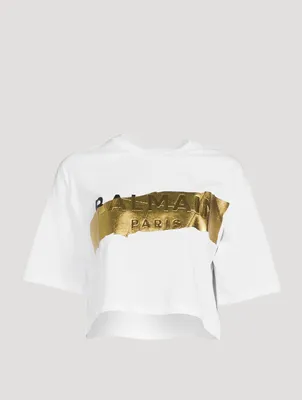 Cropped T-Shirt With Metallic Tape Logo