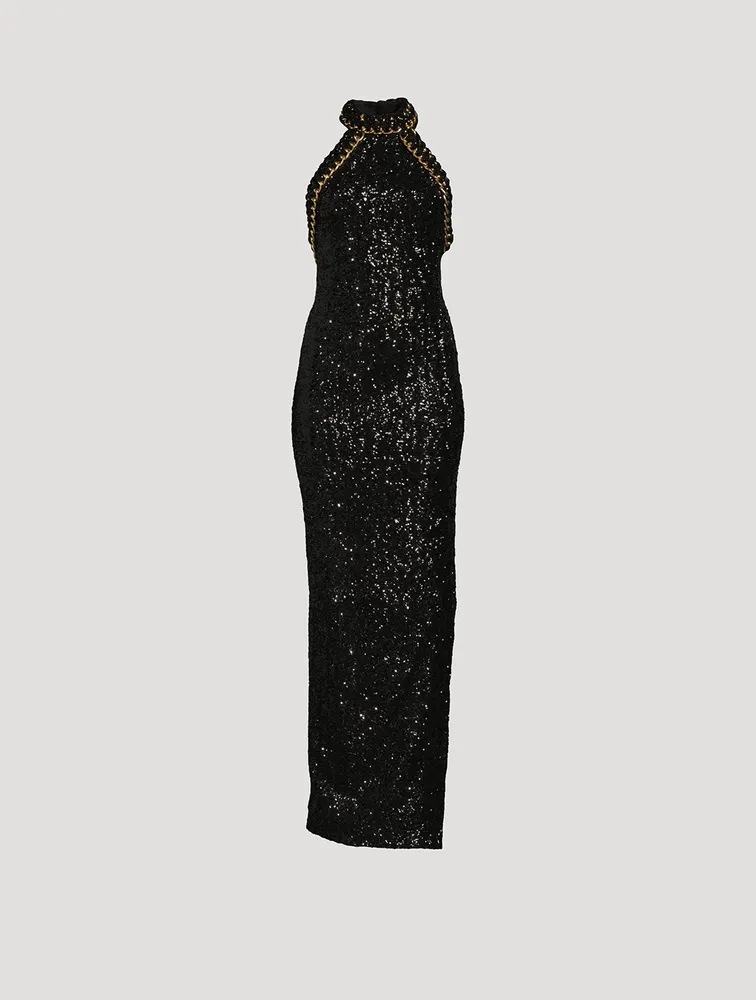 Sequin-Embellished Halter Gown