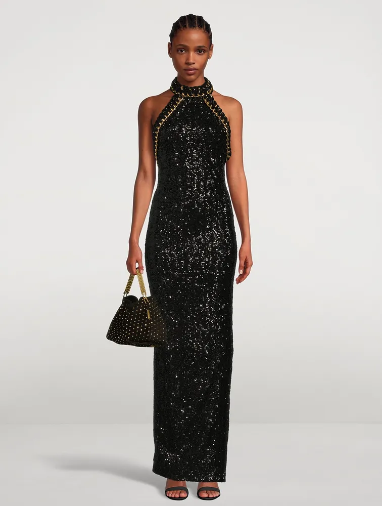 Sequin-Embellished Halter Gown