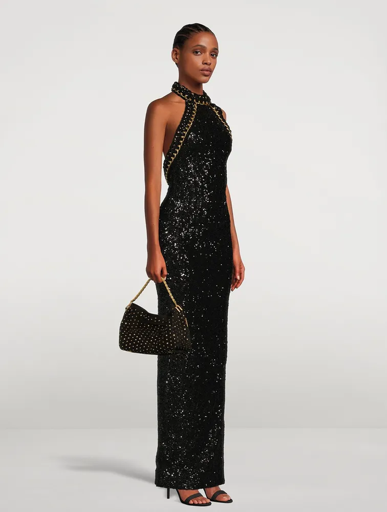 Sequin-Embellished Halter Gown