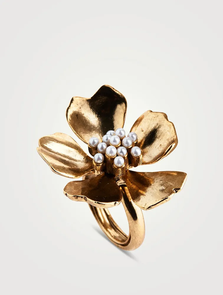 Tropical Flower Ring With Crystal Pearl