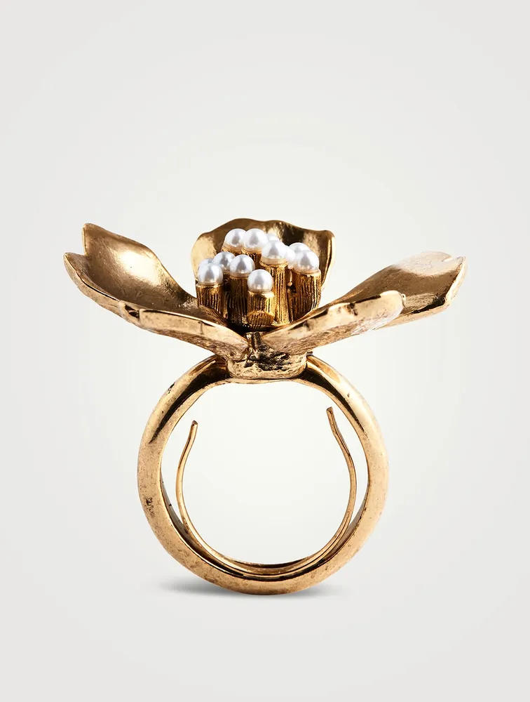 Tropical Flower Ring With Crystal Pearl