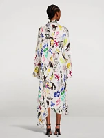 Fluid Satin Midi Dress In Artist Doodles Print