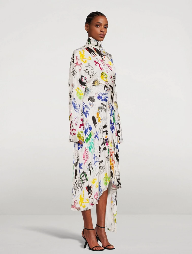 Fluid Satin Midi Dress In Artist Doodles Print