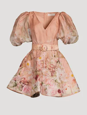 Dancer Puff-Sleeve Organza Mini Dress Floral Print