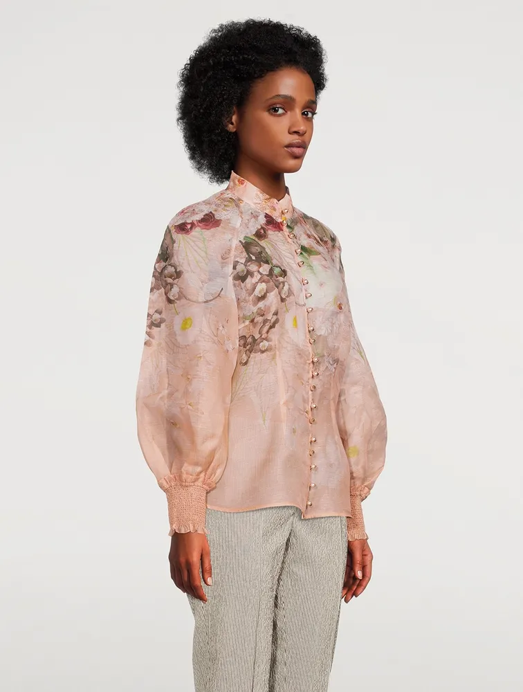 Dancer Puff-Sleeve Organza Blouse Floral Print