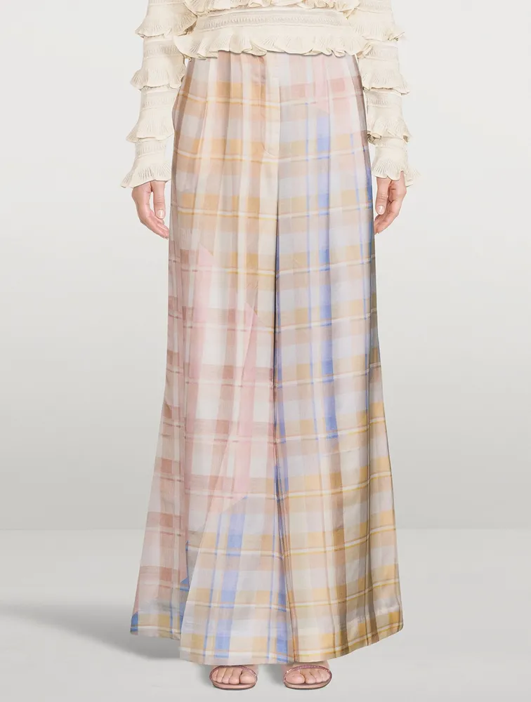 Dancer Silk Wide-Leg Trousers In Check Print