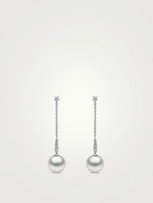 18K White Gold Pearl Drop Earrings With Diamonds