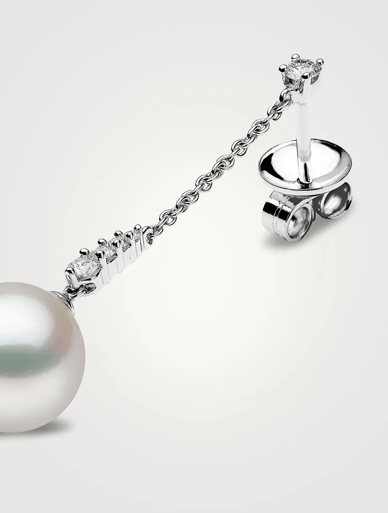 18K White Gold Pearl Drop Earrings With Diamonds