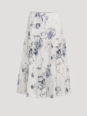 Tiered Linen Midi Skirt Floral Print