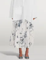 Tiered Linen Midi Skirt Floral Print