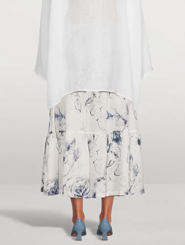 Tiered Linen Midi Skirt Floral Print