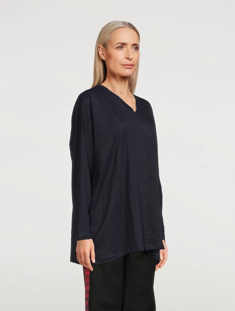 Linen Long-Sleeve V-Neck Sweater