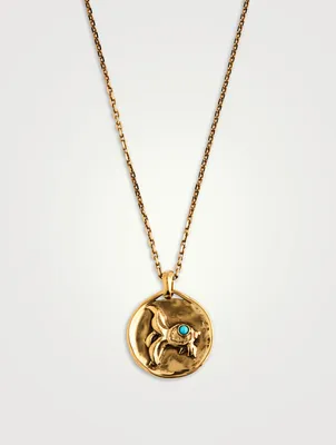 24K Gold Plated Talisman Mini Pisces Medallion Necklace With Turquoise