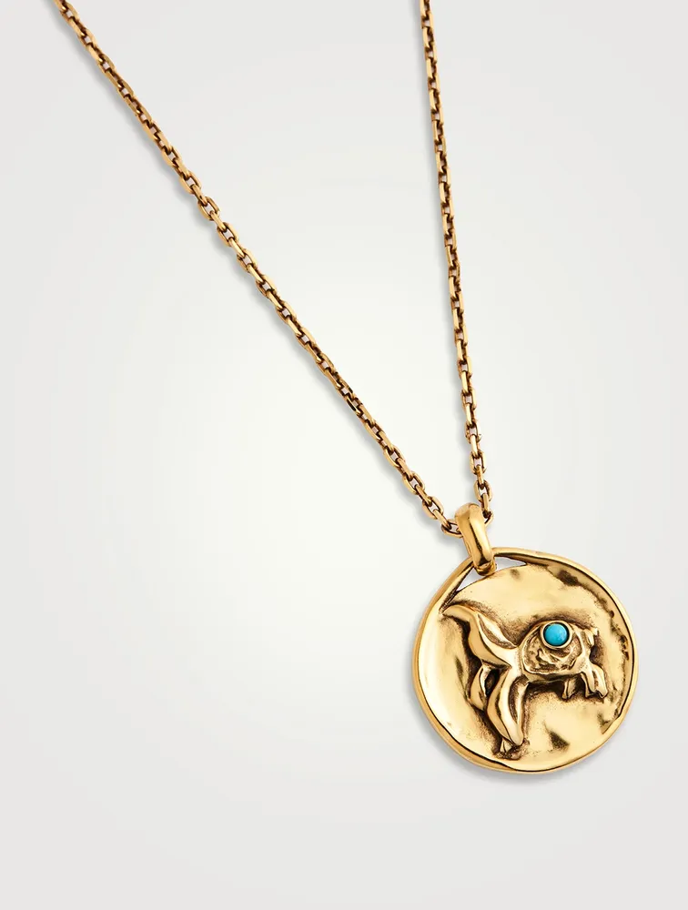 24K Gold Plated Talisman Mini Pisces Medallion Necklace With Turquoise