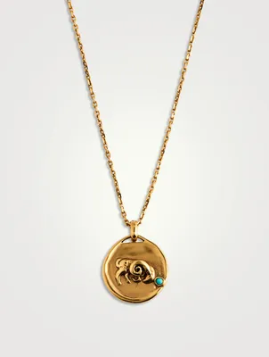 24K Gold Plated Talisman Mini Aries Medallion Necklace With Turquoise