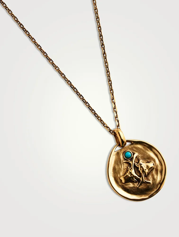 24K Gold Plated Talisman Mini Taurus Medallion Necklace With Turquoise